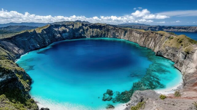 Tropical volcanic crater lake with vivid turquoise water and dramatic cliffs, serene lagoon cliff