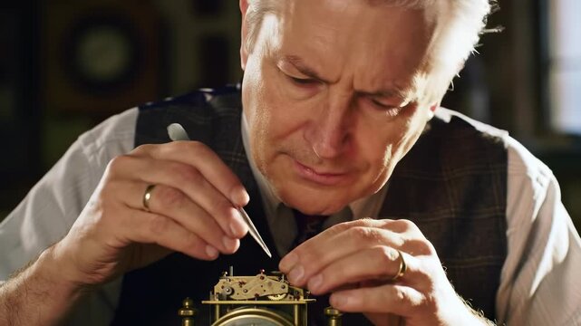 Focused senior watchmaker repairing an antique brass clock mechanism with tweezers in a warm workshop, illustrating precision craftsmanship and horology concepts