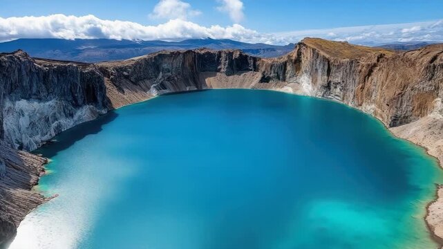 Turquoise crater lake volcanic cliff clear sky panoramic scenic rugged caldera rim remote landscape