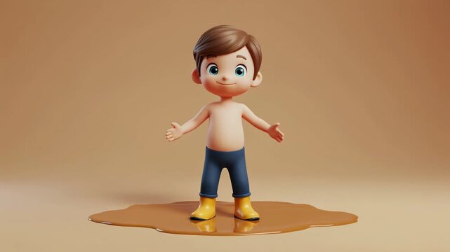 A 3D animated boy character standing in a brown puddle, wearing blue pants and yellow boots, with a surprised expression.