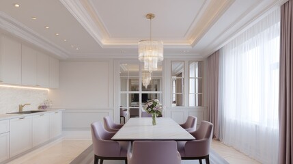 Fototapeta premium Elegant and Modern Dining Room with Stylish Purple Chairs, Bright Natural Light, and Beautiful Floral Centerpiece in Luxury Home Interior Design