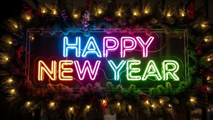 Colorful Happy New Year neon sign framed by festive Christmas garland with lights and berries
