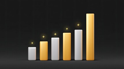 Modern business growth chart with ascending bars in yellow and gray colors on a dark background representing financial success and increasing profits