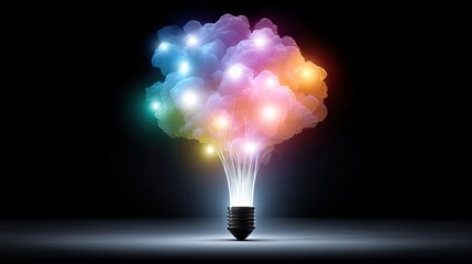 Colorful light bulb emitting vibrant cloud of luminescent thoughts in abstract artistic representation of creativity and inspiration on dark background