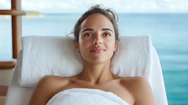 Young woman relaxing spa bed by ocean with serene smile towel massage wellness relaxation woman spa