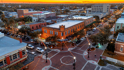 Aerial View of Sunset at Historic Downtown Sanford in Christmas time from a Drone, Sanford,...