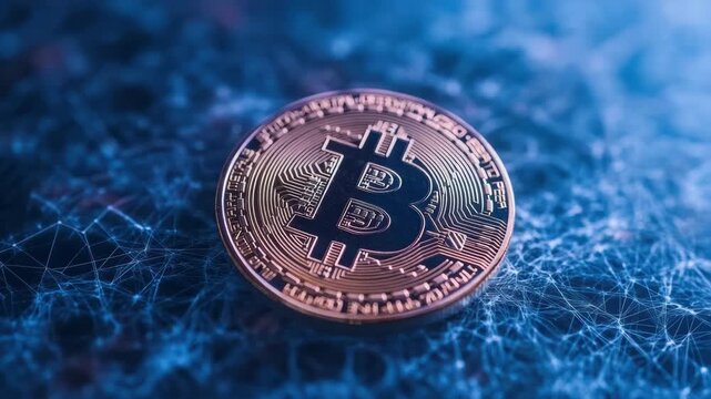 Digital cryptocurrency token and gold coin glowing network mesh. futuristic digital network finance