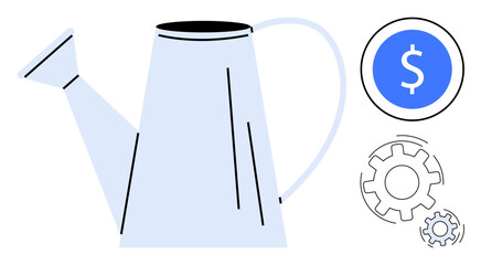 Business investment, financial planning, growth strategy, money management, productivity, economic development. A watering can with a dollar sign and gears. Financial planning and growth strategy