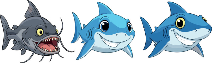 Cartoon Collection of Aggressive Catfish and Happy Smiling Blue Shark Characters Vector for Ocean Life and Marine Animal Graphics.