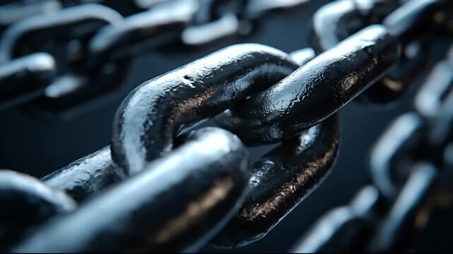 Close-up of interlocking black metal chains on dark background