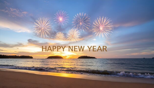 Golden New Year message above fireworks bursting over a calm ocean at sunset. A festive and scenic seasonal celebration for design use.
