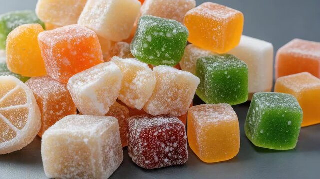 Fruity gummy candy sugar cube pile with orange citrus slices, colorful sugary fruit jelly sparkle