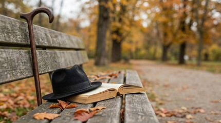 Walking Cane And Fedora Hat With Book Resting On Park Bench