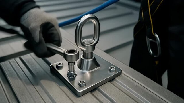 A gloved hand uses a wrench to tighten a bolt on a shiny, stainless steel safety anchor point bolted onto a corrugated metal roof, symbolizing fall protection, construction safety, maintenance, and wo