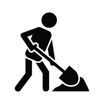 Silhouette icon of a person digging or shoveling dirt, isolated on