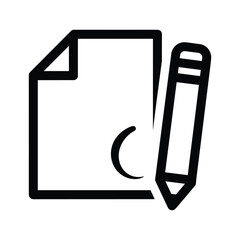 Black and white line icon of a document with a pencil for editing or writing isolated on