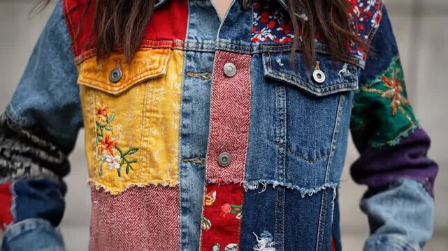 Colorful patchwork denim jacket, bohemian style, unique garment featuring mixed fabrics, fashion