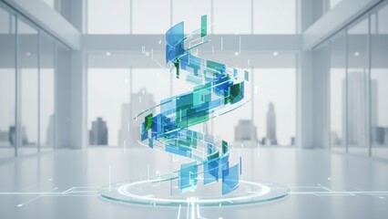 Futuristic Digital Data Helix in Modern Office: Technology, Innovation, and Global Network