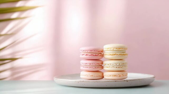 Pastel macaron stack dessert plate delicate sweet confection ceramic plate with soft pink