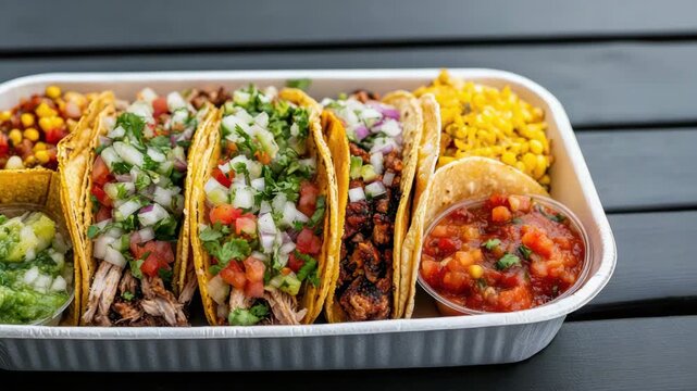 Street tacos with grilled meat, pico de gallo, cilantro, corn and salsa served as vibrant taco tray