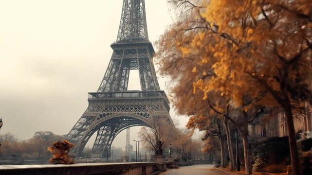 Autumn riverside path framed by orange trees, with the Eiffel Tower rising in soft, warm light glow