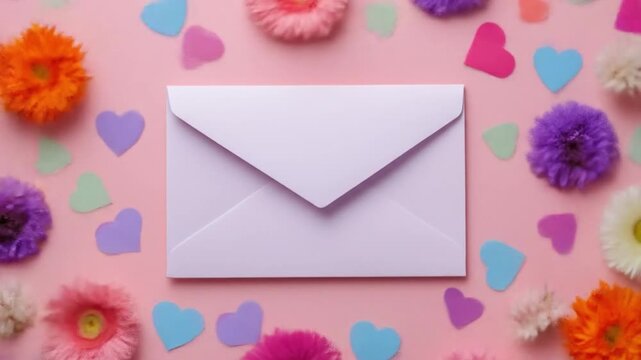 Pastel pink backdrop with a lilac envelope centered among bright marigolds, hearts, and soft petals