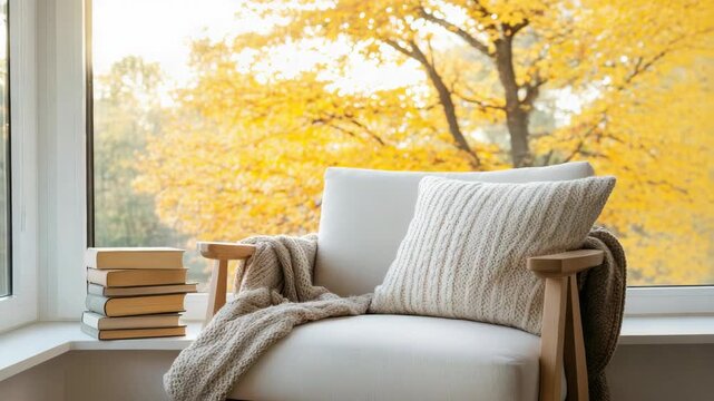 Cozy armchair knit pillow blanket by window with autumn trees outside and books, warm autumn light