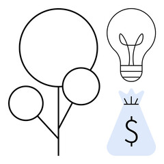 Abstract line art combining a tree symbol, light bulb, and money bag with dollar sign representing investment, sustainability, innovation, financial planning, and creativity. Ideal for startups