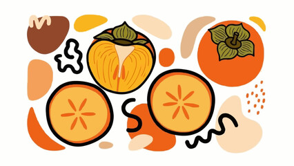 Vibrant Persimmon Fruit Collection Whole and Sliced Art.