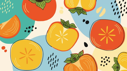 Vibrant Persimmon Fruit Pattern with Abstract Shapes.