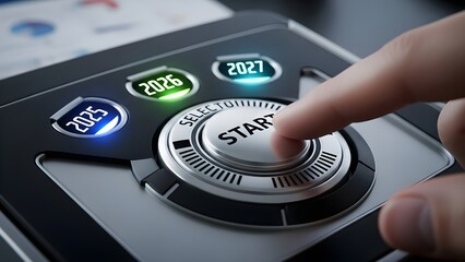 A futuristic control panel showing selectable years 2025, 2026, and 2027 with a human finger pressing a start button, representing digital transformation, strategic choice.