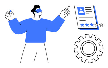 Person wearing VR headset engaging with a digital profile featuring a rating system and settings icon. Ideal for technology, innovation, virtual interaction, user profile, interfaces, futuristic