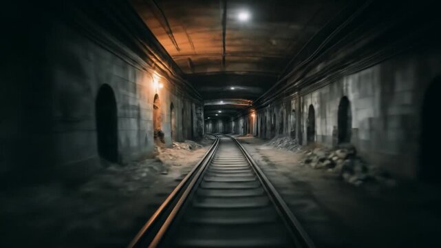 Dim underground tunnel with rusted rails, cracked walls, distant lights, endless fading perspective