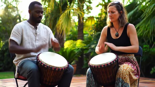 Diverse man and woman playing djembe drums in a sunlit tropical garden, performing a rhythmic percussion session.