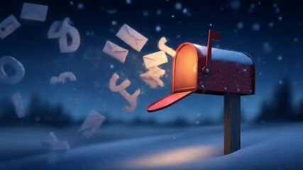 A glowing red mailbox on a snow-laden post bursts open letters flying through a bright starry night!