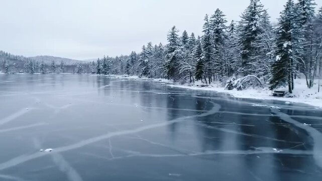 Aerial drone over frozen lake in winter, snow-covered trees, cinematic 4K, smooth motion