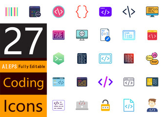 Collection of flat design modern icons representing various coding and programming concepts