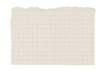 Torn piece of graph paper with uneven edges, blank squared sheet from a notepad for a message or note, transparent background