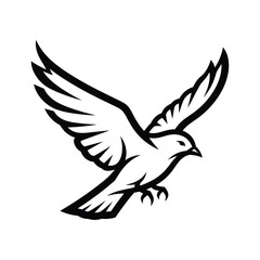 Stylized black and white drawing of a flying dove or bird with spread wings, isolated on