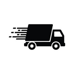 Black silhouette icon of a fast moving delivery van for express delivery and logistics, isolated on