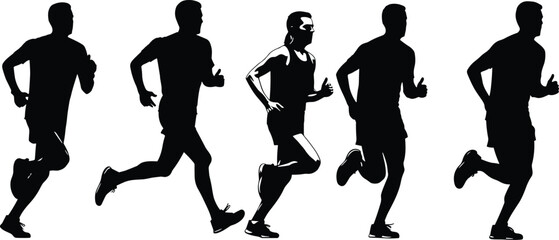 Running silhouette sequence, athletic motion, stride cycle, human biomechanics, sports training, fitness concept, dynamic posture, vector illustration, isolated black figures, movement study