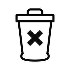 Simple black and white icon of a trash can with a cross symbol, representing deletion or removal, isolated on