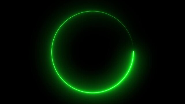 Dynamic neon circle rotates with glowing green light on dark background ninety character