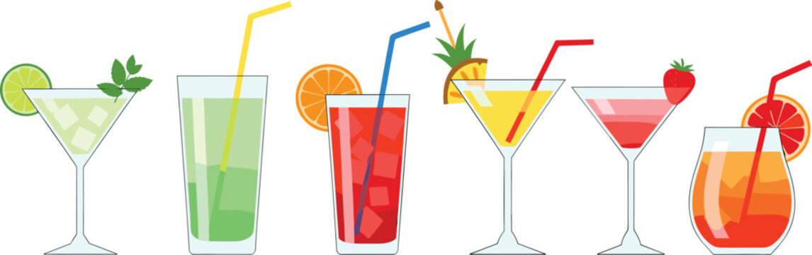 Vibrant flat design vector set of various summer cocktails and beverages, including martinis, highballs, and fruity drinks with garnishes for bar menus and party themes.Vibrant flat design vector set 