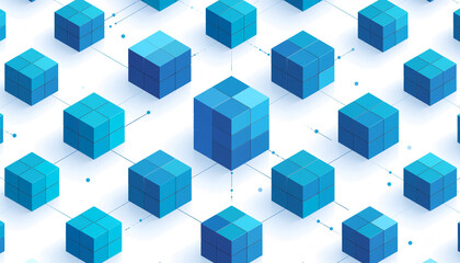 Fototapeta premium Abstract pattern of interconnected blue cubes representing data blocks or a network structure.