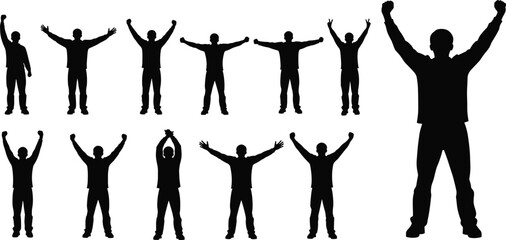 Set of diverse men and crowd silhouette vector illustrations with hands raised up in celebration, success, victory, cheer, or happiness for business achievement and winning sports events