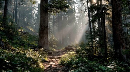 Obraz premium Sunlight streams through tall trees illuminating a shaded woodland trail.