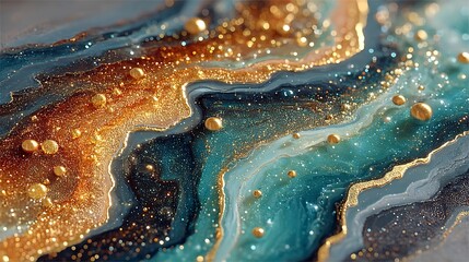 Abstract art featuring shimmering gold and teal textures with scattered golden spheres on the surface