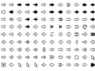 Collection of various arrow symbols and icons in black and white isolated on transparent background
