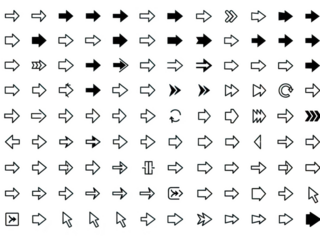 Collection of various arrow symbols and icons in black and white isolated on transparent background